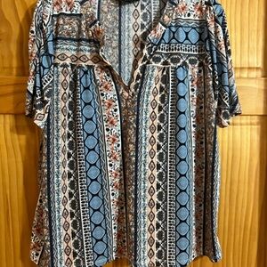 Relaxed Boho Stripe & Floral Button-Front Blouse - Blue & Cream